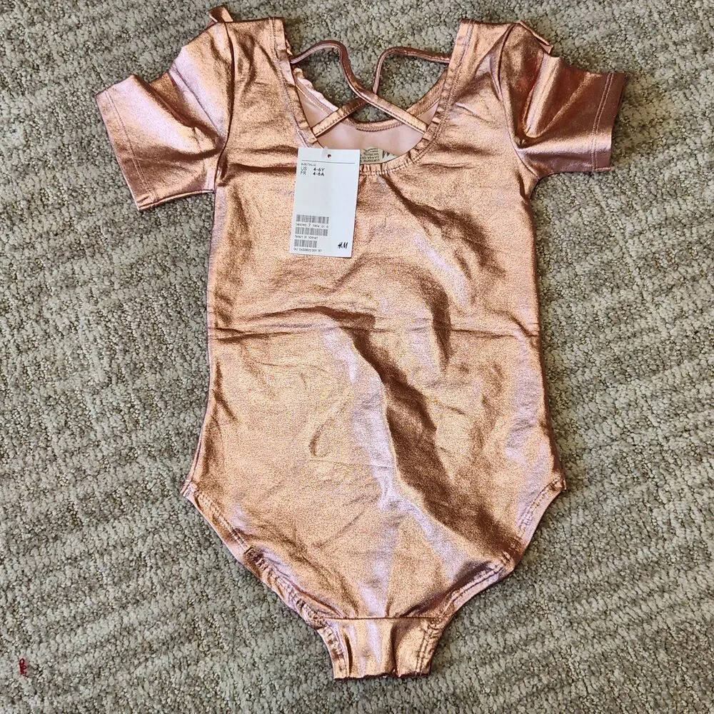 H&M girls frilled bodysuit metallic pink leotard size 4-6 years